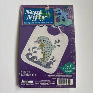 Janlynn Neat Nifty Stamped Cross Stitch Bib Kit # 143-44 Dolphin Bin 9 1/2" X 11